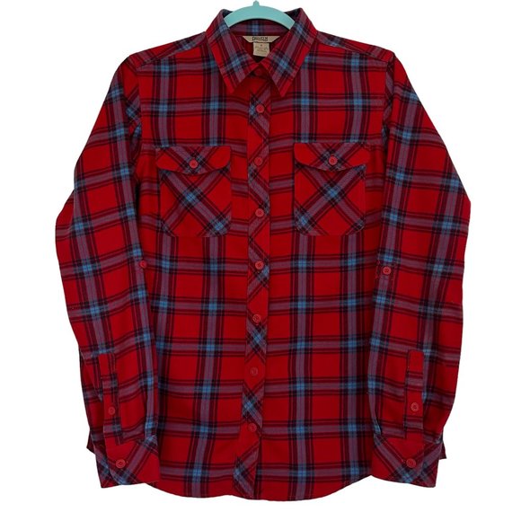 Duluth Trading Co. Plaid Long Sleeve Shirt Small EUC Red Blue Black Cotton Blend - Picture 1 of 14